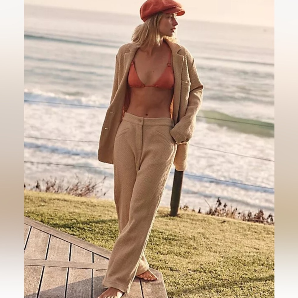 Free People Tan Wide-Leg open weave beach pants